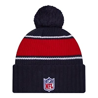 New England Patriots 2024 NFL Sideline Navy Pom Cuffed Knit Beanie Hat