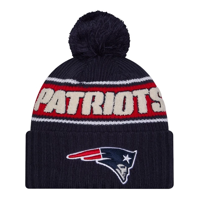 New England Patriots 2024 NFL Sideline Navy Pom Cuffed Knit Beanie Hat