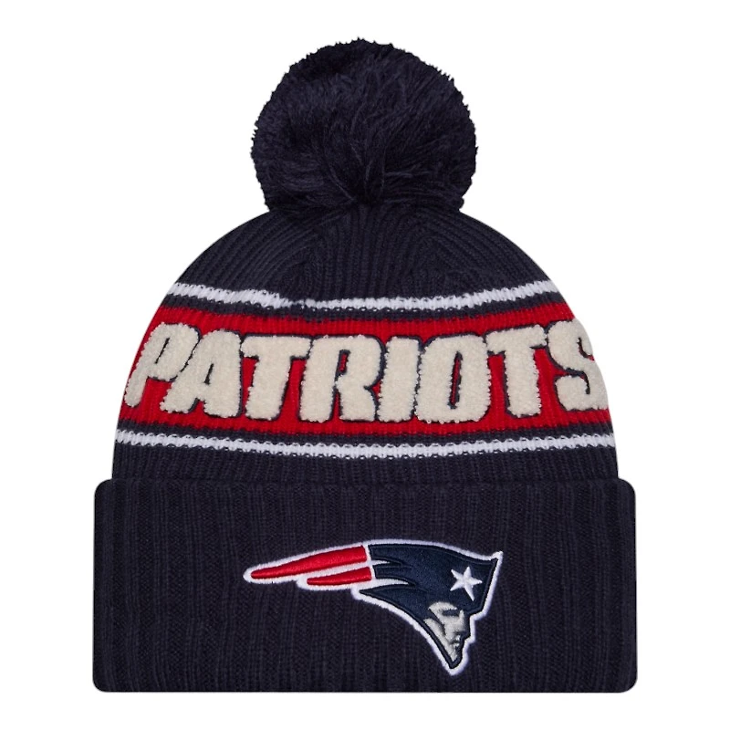 New England Patriots 2024 NFL Sideline Navy Pom Cuffed Knit Beanie Hat