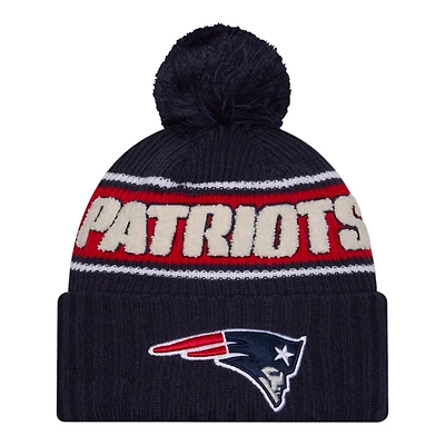 New England Patriots 2024 NFL Sideline Navy Pom Cuffed Knit Beanie Hat