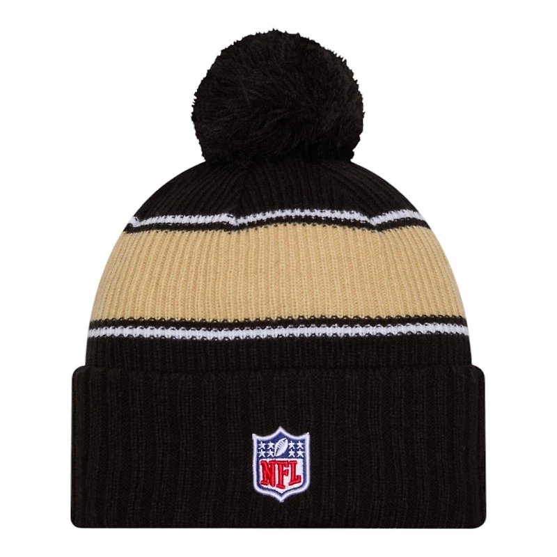New Orleans Saints 2024 NFL Sideline Black Pom Cuffed Knit Beanie Hat