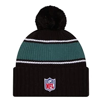Philadelphia Eagles 2024 NFL Sideline Black Pom Cuffed Knit Beanie Hat