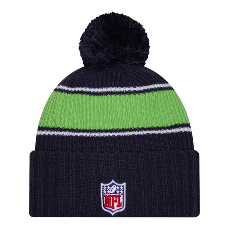 Seattle Seahawks 2024 NFL Sideline Navy Pom Cuffed Knit Beanie Hat