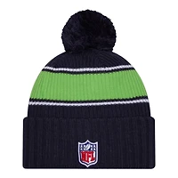 Seattle Seahawks 2024 NFL Sideline Navy Pom Cuffed Knit Beanie Hat