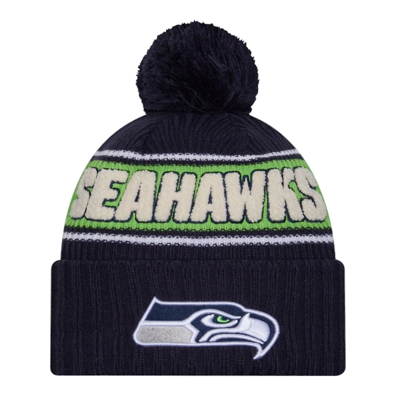 Seattle Seahawks 2024 NFL Sideline Navy Pom Cuffed Knit Beanie Hat