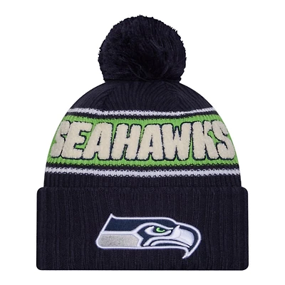 Seattle Seahawks 2024 NFL Sideline Navy Pom Cuffed Knit Beanie Hat