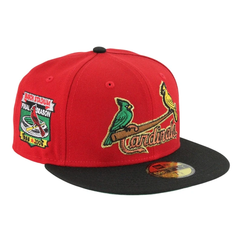 St. Louis Cardinals Red and Black Two Bird Script Busch Stadium Patch Green UV New Era 59FIFTY Fitted Hat