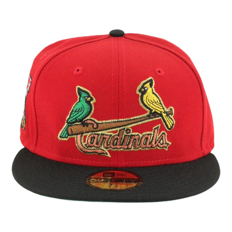 St. Louis Cardinals Red and Black Two Bird Script Busch Stadium Patch Green UV New Era 59FIFTY Fitted Hat