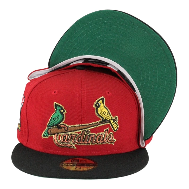 St. Louis Cardinals Red and Black Two Bird Script Busch Stadium Patch Green UV New Era 59FIFTY Fitted Hat
