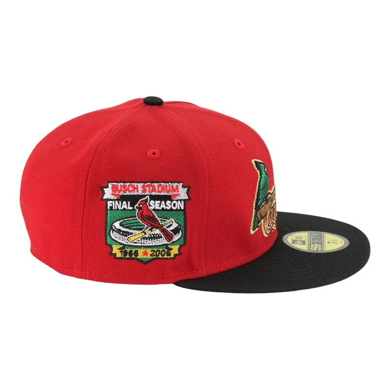 St. Louis Cardinals Red and Black Two Bird Script Busch Stadium Patch Green UV New Era 59FIFTY Fitted Hat