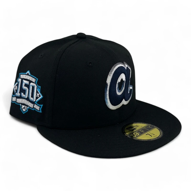 Atlanta Braves Black and Light Blue 150th Anni Patch Gray UV New Era 59FIFTY Fitted Hat