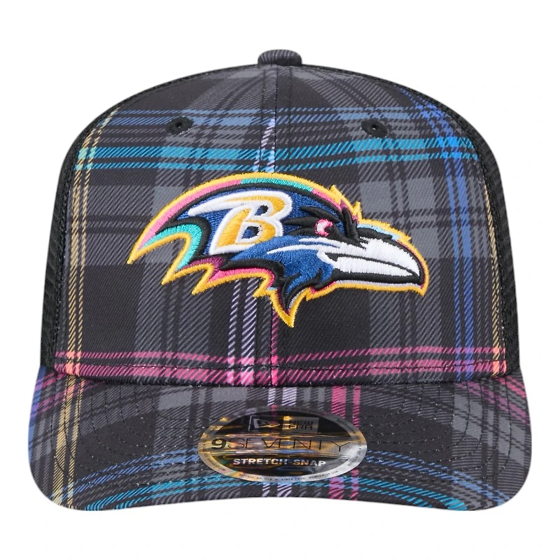 Baltimore Ravens 2024 NFL Crucial Catch Plaid New Era 9SEVENTY Trucker Snapback Hat