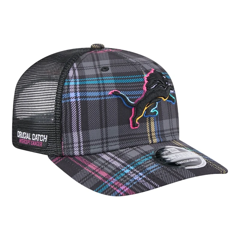 Detroit Lions 2024 NFL Crucial Catch Plaid New Era 9SEVENTY Trucker Snapback Hat