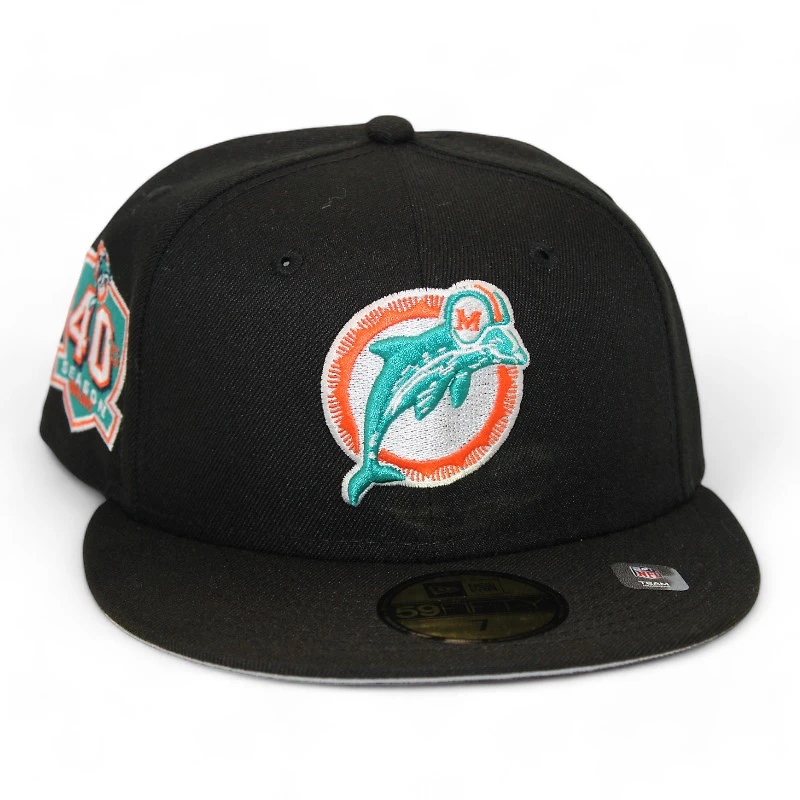 Miami Dolphins Black "DPM NFL Pack" 40 Seasons Patch Gray UV New Era 59Fifty Fitted Hat