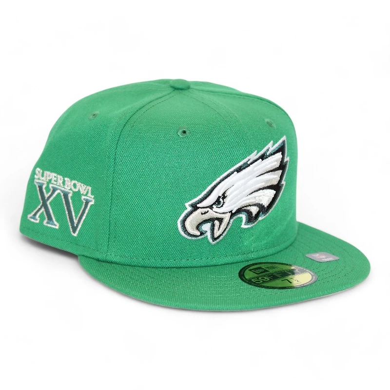 Philadelphia Eagles Kelly Green "DPM NFL Pack" Super Bowl XV Patch Gray UV New Era 59Fifty Fitted Hat