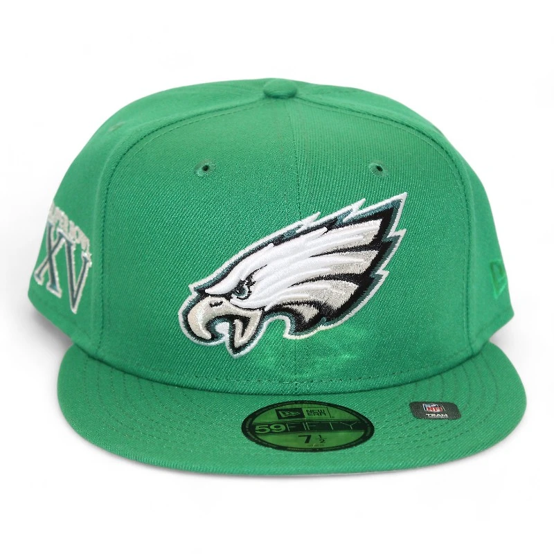 Philadelphia Eagles Kelly Green "DPM NFL Pack" Super Bowl XV Patch Gray UV New Era 59Fifty Fitted Hat