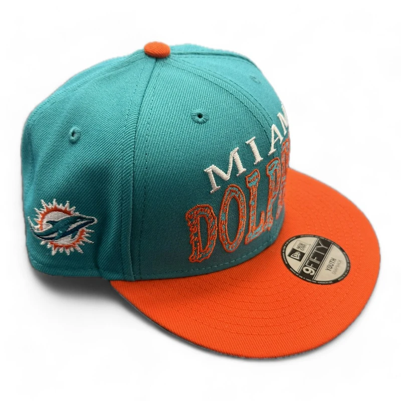 Youth Miami Dolphins Aqua and Orange Block Letters New Era 9FIFTY Snapback Hat
