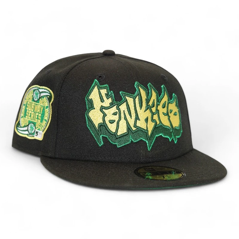 New York Yankees Black Grafitti Wordmark Logo Subway Series Side Patch Green UV Era 59Fifty Fitted Hat
