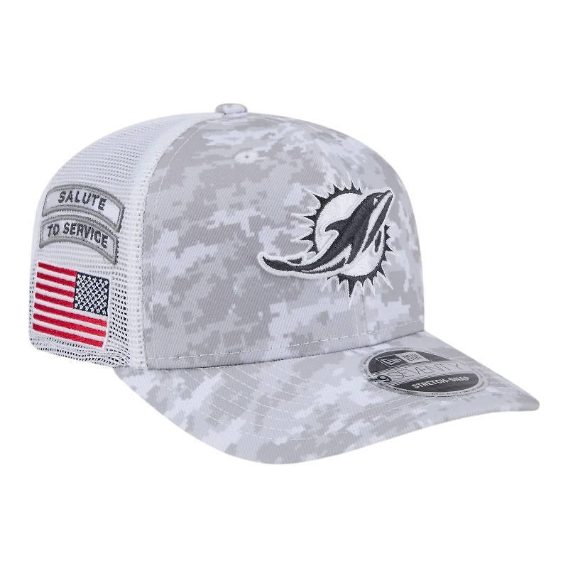 Miami Dolphins White Digital Camo 2024 NFL Salute to Service New Era 9SEVENTY Trucker Snapback Hat
