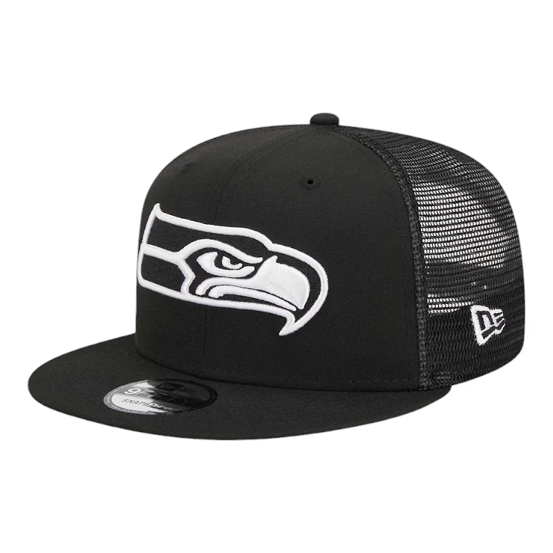 Seattle Seahawks Black and White Trucker Mesh New Era 9FIFTY Snapback Hat