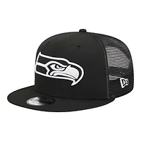 Seattle Seahawks Black and White Trucker Mesh New Era 9FIFTY Snapback Hat
