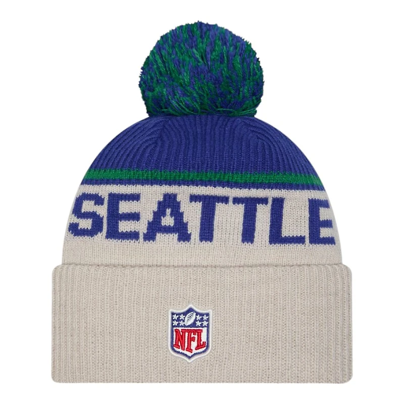 Seattle Seahawks 2024 NFL Sideline Historic Pom Cuffed Knit Beanie Hat