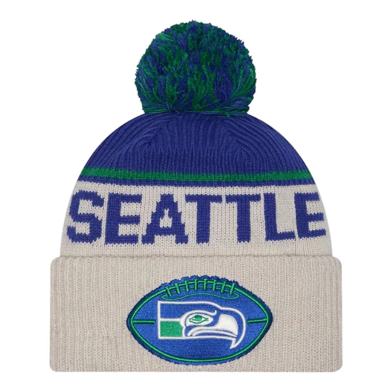 Seattle Seahawks 2024 NFL Sideline Historic Pom Cuffed Knit Beanie Hat
