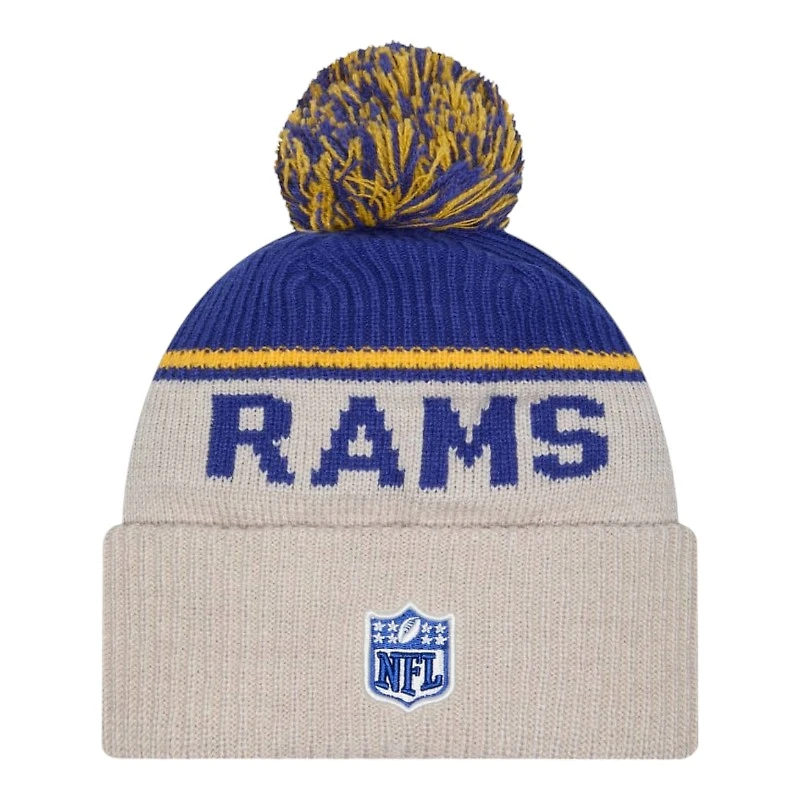 Los Angeles Rams 2024 NFL Sideline Historic Pom Cuffed Knit Beanie Hat