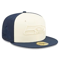 Seattle Seahawks Chrome and Navy Tonal Super Bowl XLVIII Patch Gray UV New Era 59FIFTY Fitted Hat