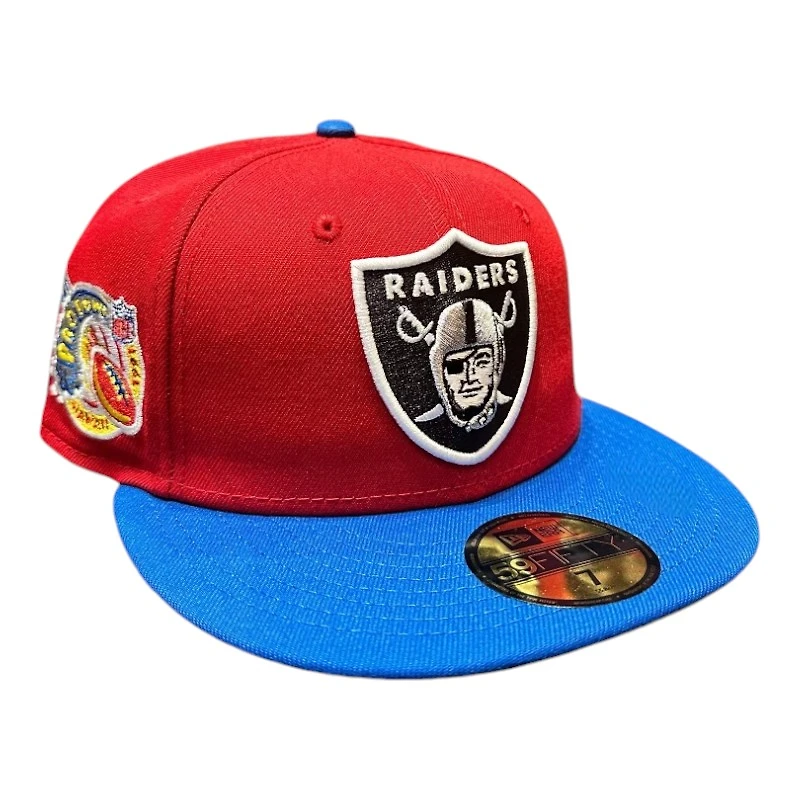 Las Vegas Raiders Red and Royal Blue Two Tone Pro Bowl Patch Gold UV New Era 59FIFTY Fitted Hat