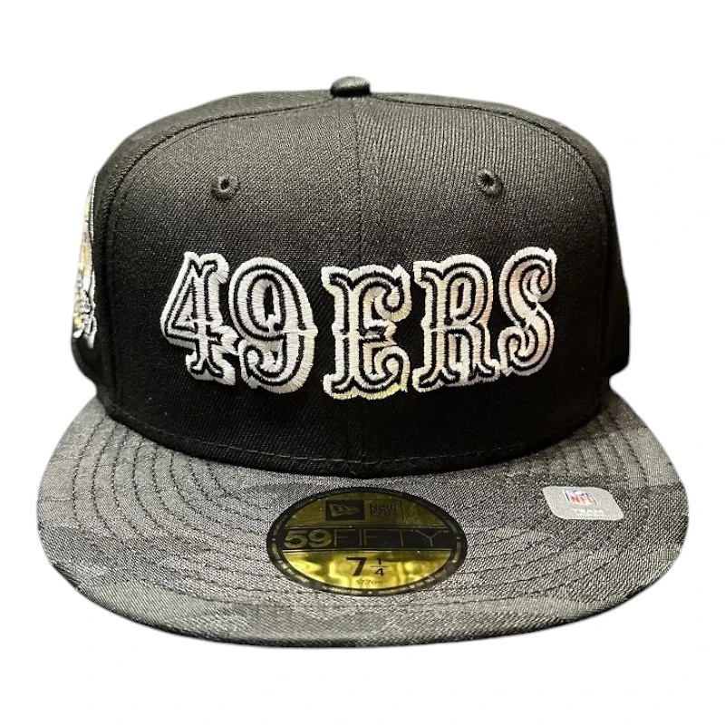 San Francisco 49ers Black and Camo Saloon Wordmark 60 Seasons Patch Gray UV New Era 59FIFTY Fitted Hat