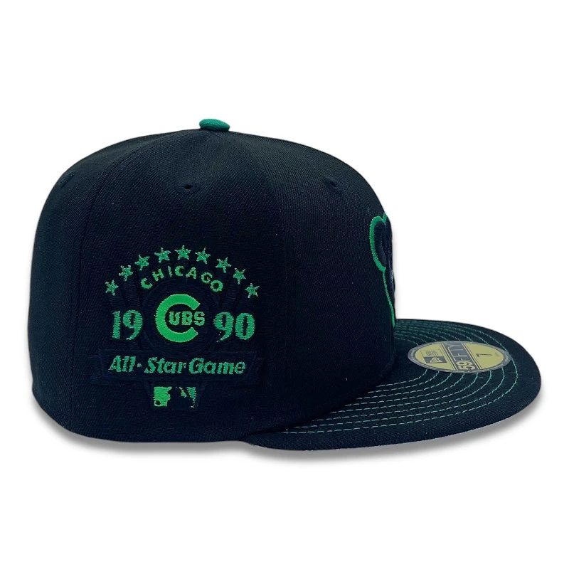 Chicago Cubs All Black with Green 1990 Star Game Patch Gray UV New Era 59FIFTY Fitted Hat