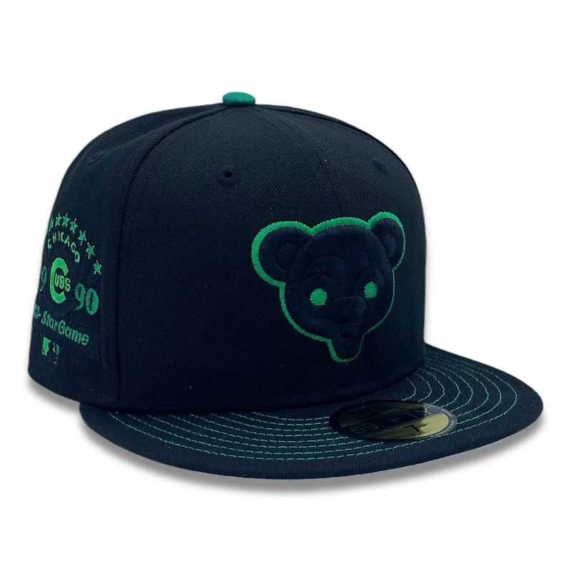 Chicago Cubs All Black with Green 1990 Star Game Patch Gray UV New Era 59FIFTY Fitted Hat