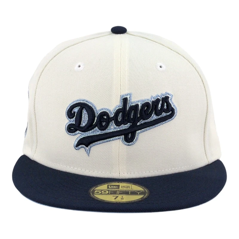 Los Angeles Dodgers Chrome and Navy Script 100th Anniversary Patch Icy Blue UV New Era 59FIFTY Fitted Hat