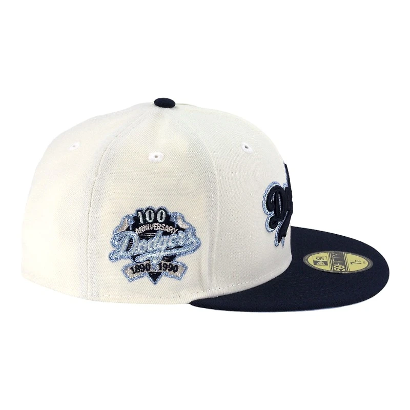 Los Angeles Dodgers Chrome and Navy Script 100th Anniversary Patch Icy Blue UV New Era 59FIFTY Fitted Hat