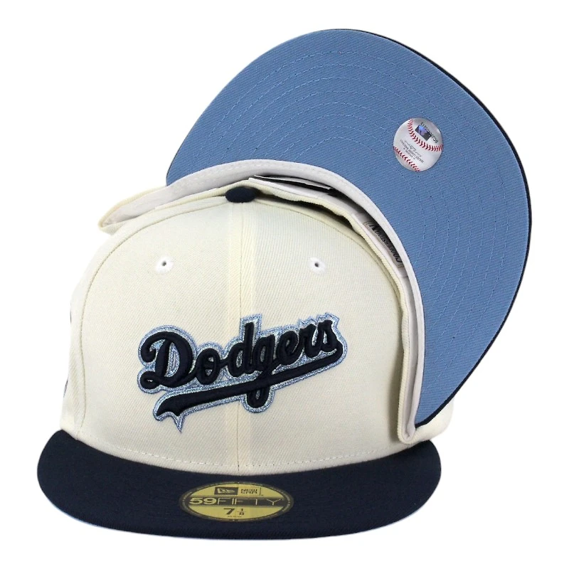 Los Angeles Dodgers Chrome and Navy Script 100th Anniversary Patch Icy Blue UV New Era 59FIFTY Fitted Hat