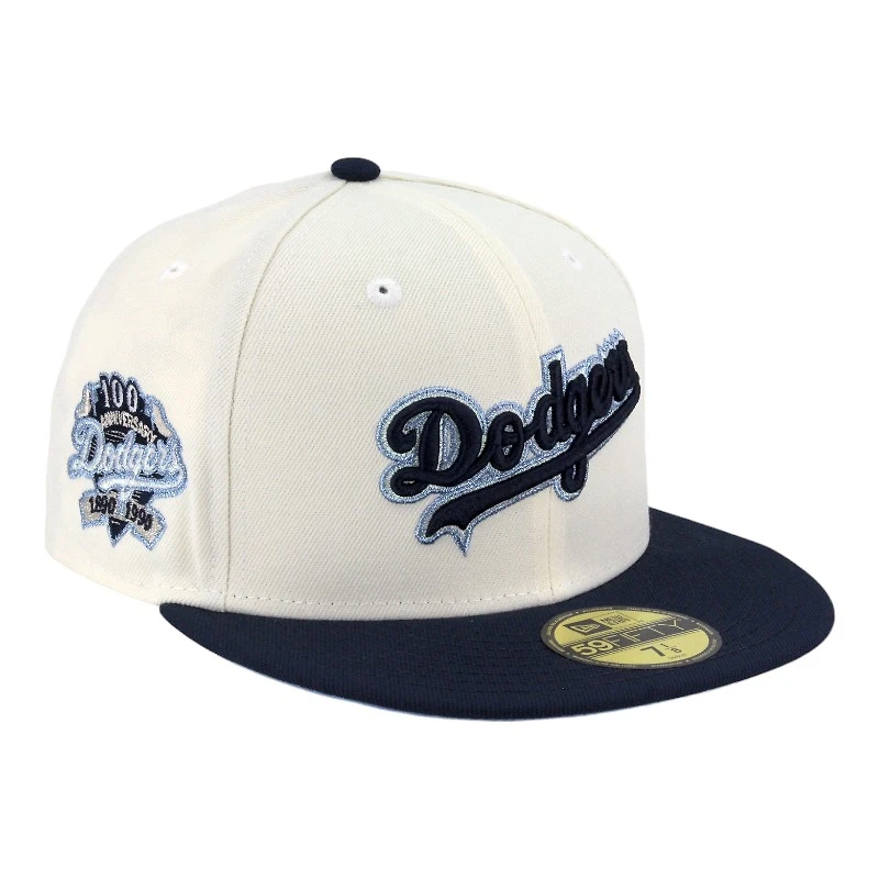 Los Angeles Dodgers Chrome and Navy Script 100th Anniversary Patch Icy Blue UV New Era 59FIFTY Fitted Hat