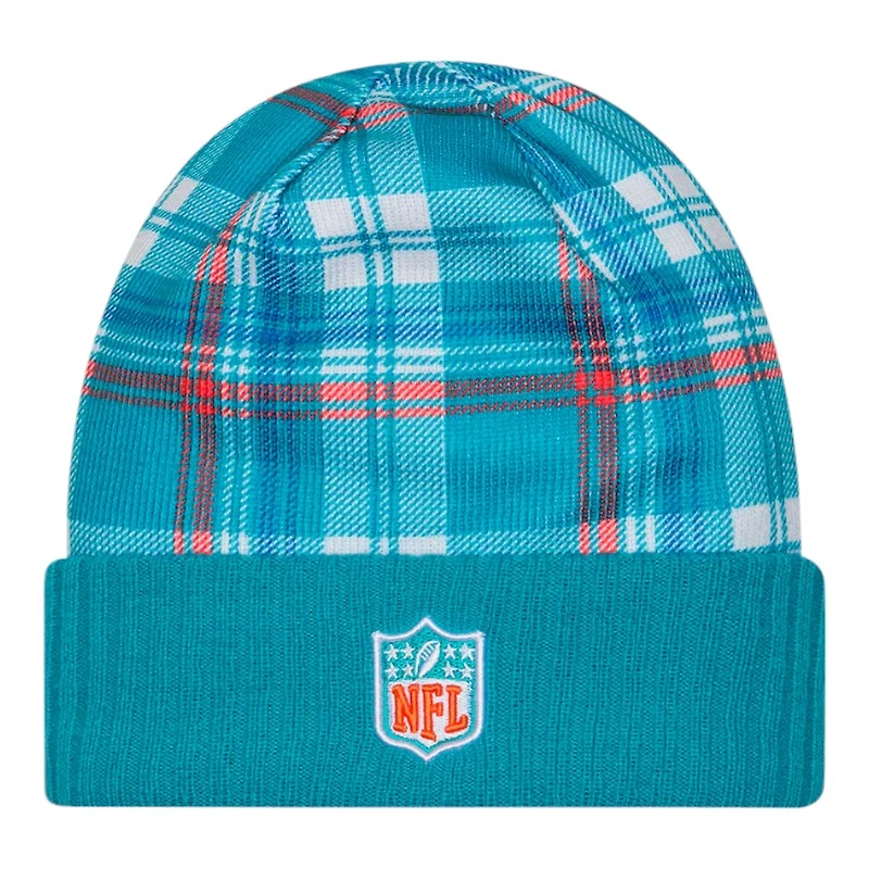 Miami Dolphins Teal 2024 NFL Sideline Plaid Statement Cuffed Beanie Hat
