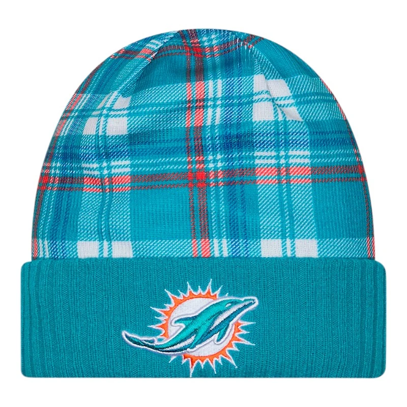 Miami Dolphins Teal 2024 NFL Sideline Plaid Statement Cuffed Beanie Hat