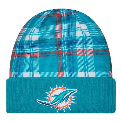 Miami Dolphins Teal 2024 NFL Sideline Plaid Statement Cuffed Beanie Hat