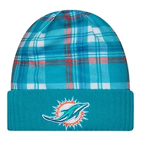 Miami Dolphins Teal 2024 NFL Sideline Plaid Statement Cuffed Beanie Hat