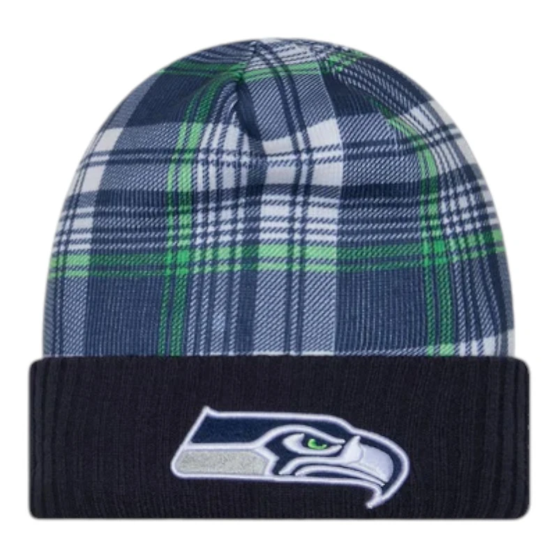 Seattle Seahawks Navy 2024 NFL Sideline Plaid Statement Cuffed Beanie Hat
