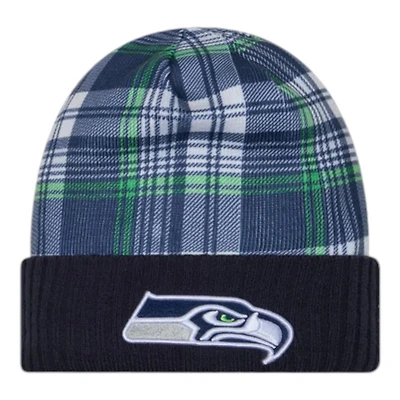 Seattle Seahawks Navy 2024 NFL Sideline Plaid Statement Cuffed Beanie Hat