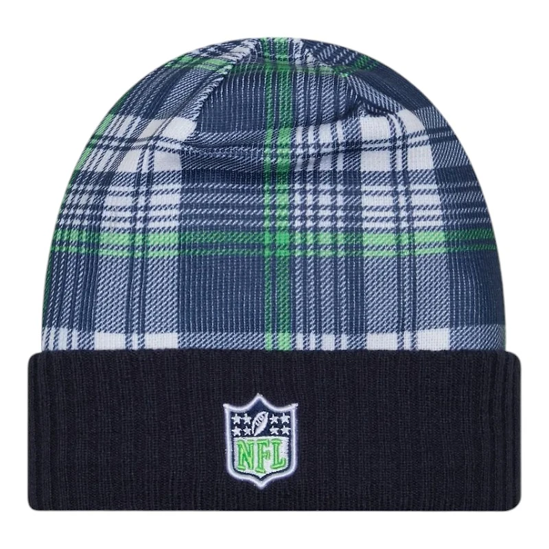 Seattle Seahawks Navy 2024 NFL Sideline Plaid Statement Cuffed Beanie Hat