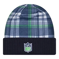 Seattle Seahawks Navy 2024 NFL Sideline Plaid Statement Cuffed Beanie Hat