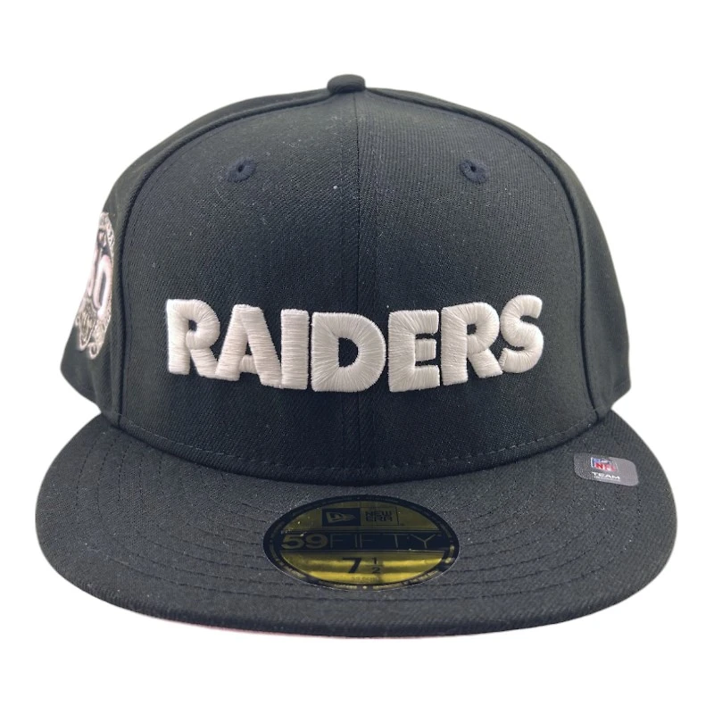 Las Vegas Raiders Black Wordmark 60th Patch Pink UV New Era 59FIFTY Fitted Hat