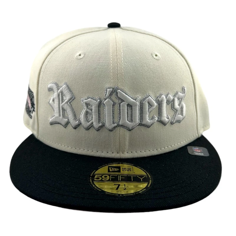 Las Vegas Raiders Chrome and Black Old English SB XVIII Patch Pink UV New Era 59FIFTY Fitted Hat