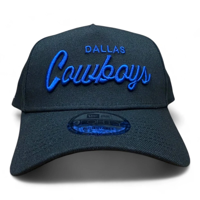 Dallas Cowboys Black and Royal Blue Script Star Patch New Era A-Frame 9FORTY Snapback Hat