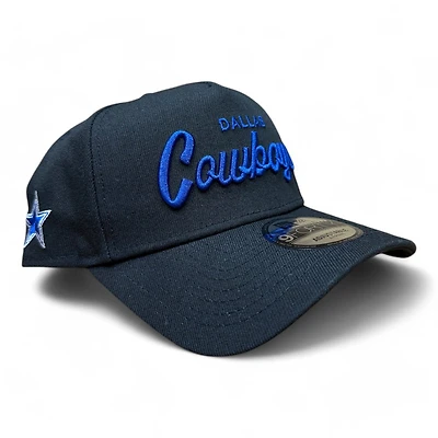 Dallas Cowboys Black and Royal Blue Script Star Patch New Era A-Frame 9FORTY Snapback Hat
