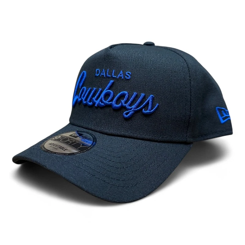 Dallas Cowboys Black and Royal Blue Script Star Patch New Era A-Frame 9FORTY Snapback Hat